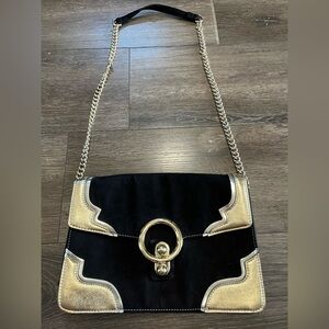 Express Suede Black and Gold Chain Shoulder Bag